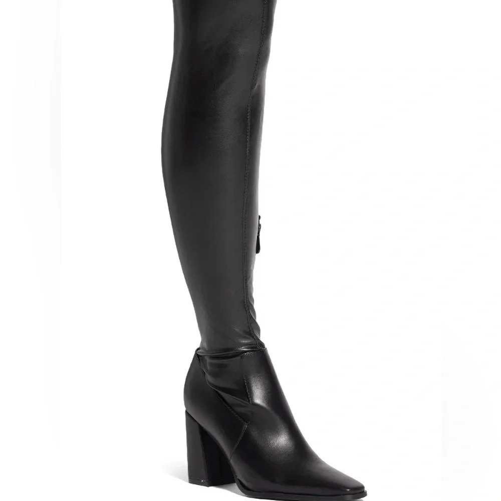 Azalea Wang Black Vegan Leather 4 Way Stretch Thigh High Boots